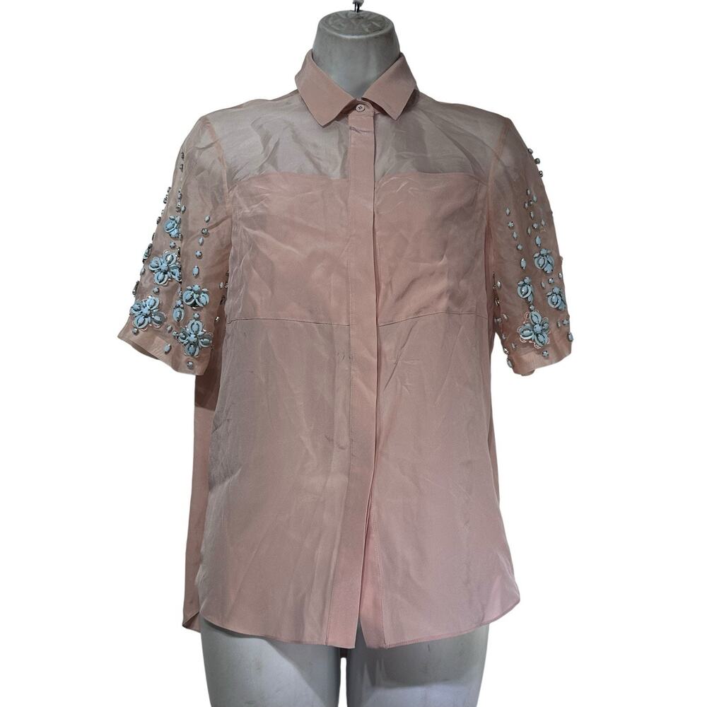 Rebecca Taylor 100% Silk Cameo Pink Beaded Stone Sleeve Button Up Blouse Size 0